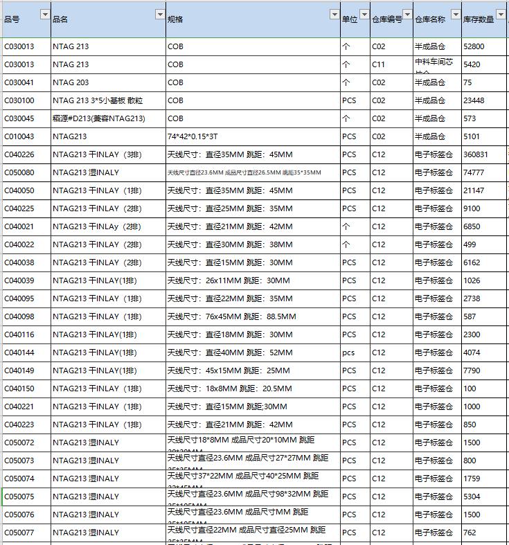 NFC标签库存表